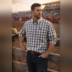 CBGB Plaid Button Down Shirt XXL Tan Collar Western Rodeo Style Long Sleeve